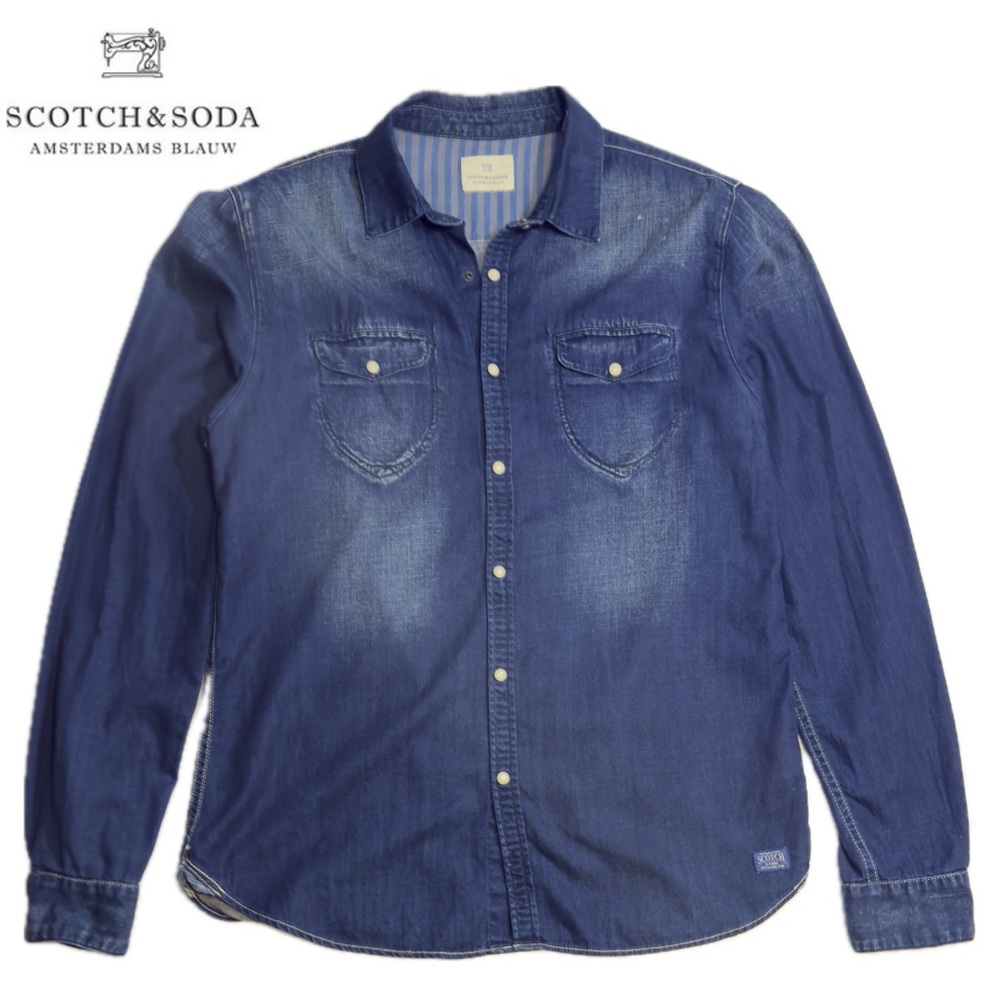 Scotch & Soda Amsterdam Blauw Distressed Denim Western Shirt Size  L  NWOT
